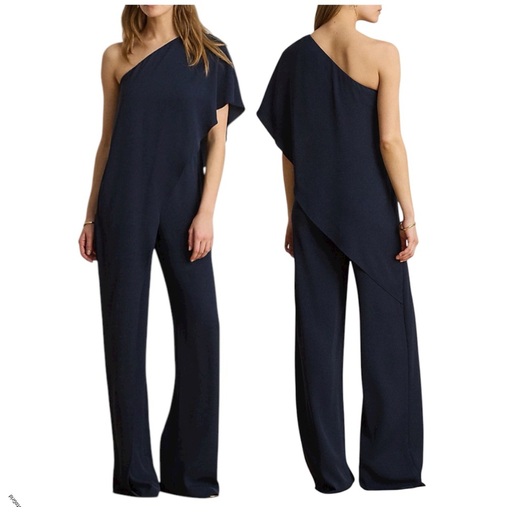 LRL Cape Georgette One-Shoulder Navy Luxurious Flattering Wide Leg Jumpsuit 14